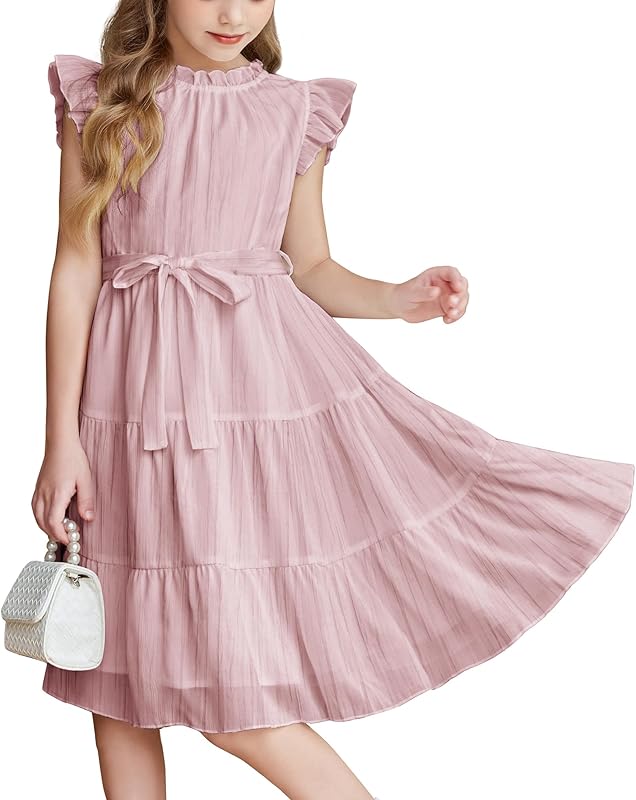 Arshiner Tween Girls Summer Dress Formal Ruffle Sleeve A Line Casual Elegant Dresses with Belt