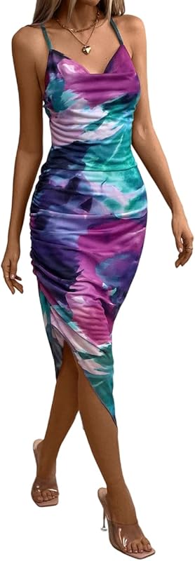 SOLY HUX Women's Tie Dye Cowl Neck Split Hem Bodycon Cami Dress Backless Long Dresses