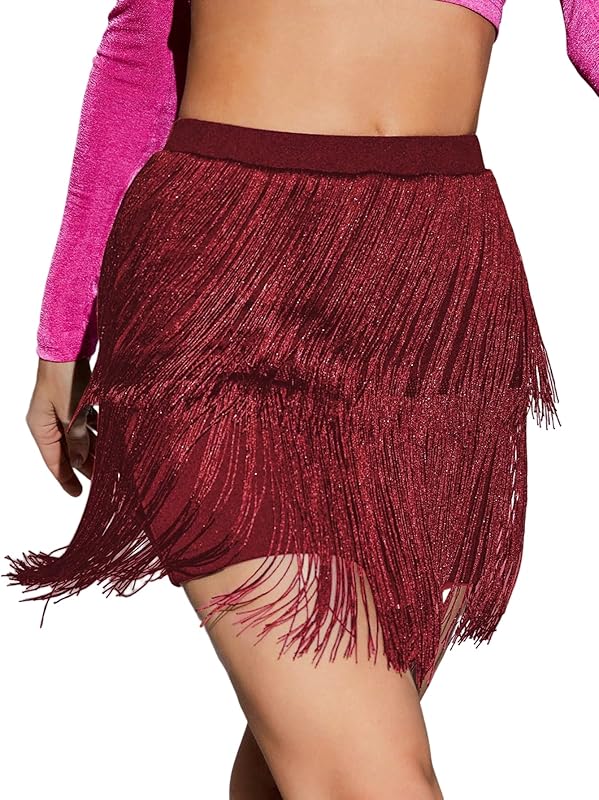 WDIRARA Women's Fringe Skirt High Waisted Tiered Dance Party Layered Swing Mini Skirt