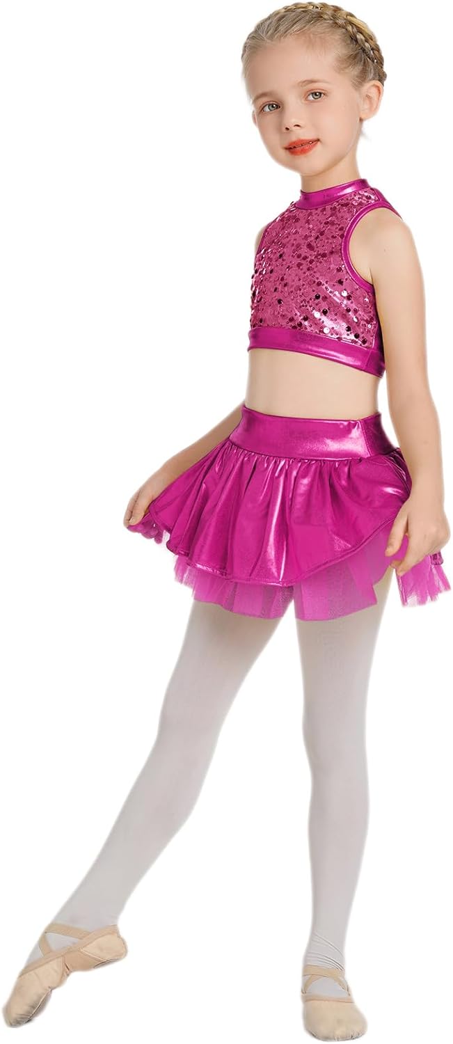 IBAKOM Girls Sequins Dance Outfits Halter Metallic Crop Top Camisole Tutu Skirt Hip Hop Clothes Kids Jazz Dance Costume