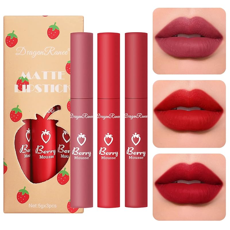 3 Piece Nude Matte Lipstick Set,Natural Nude Lipstick Velvet Air Moisture Smooth Crayon Lip Stain,Matte Lipstick 24 Hour SuperstayLong Lasting Waterproof Lip Gloss for Women Makeup(Set C)