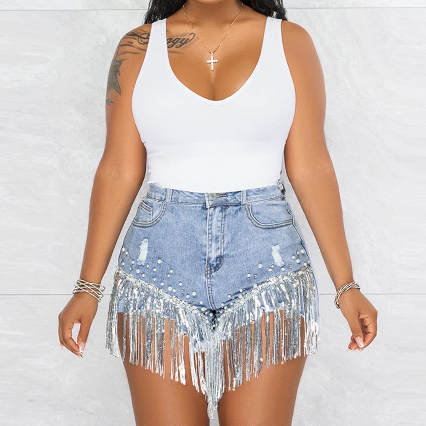 CYLADY Women High Waisted Denim Shorts Ripped Jeans Frayed Raw Hem Tassels Jean Shorts