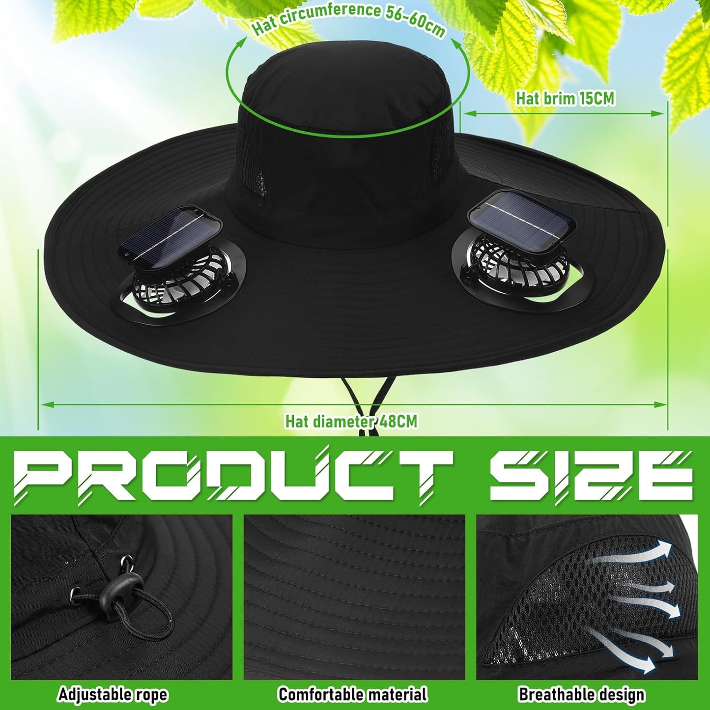 Berlune Men Sun Hat with 2 Solar Fan Fishing Wide Brim Sun Hat for Outdoor Summer Camping Beach, USB & Solar Powered