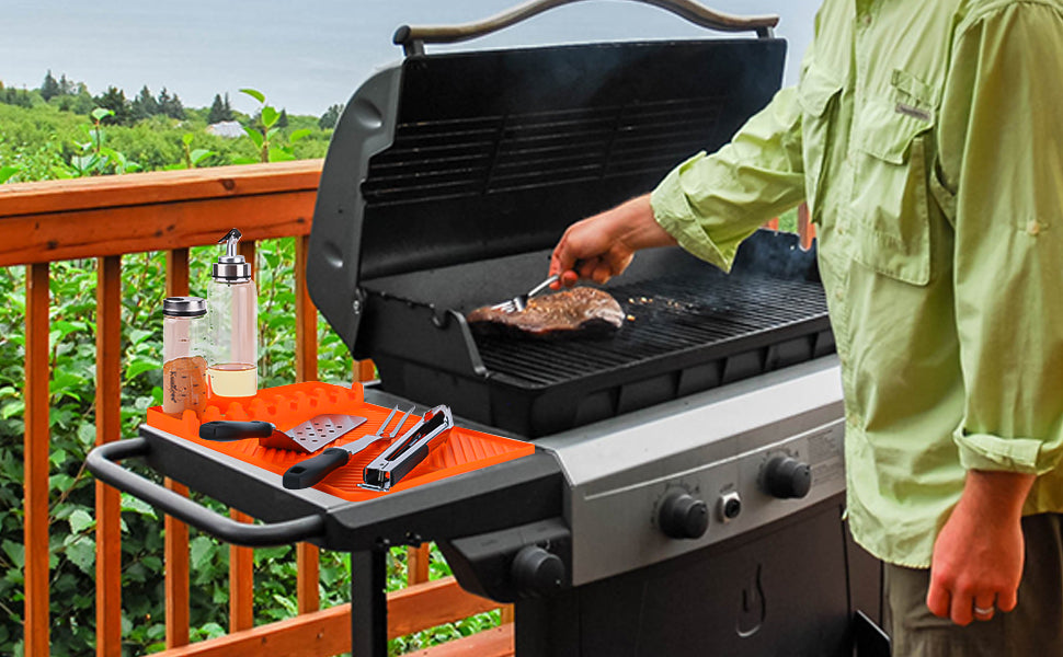 Griddle Mat Barbeque Grill Accessories Tools for Blackstone, Side Shelf Mat Grill Pad for Outdoor Grill Kitchen Counter Spatula Silicone Mat with Drip Pad for Kitchen, Cooking, Countertop (Orange)