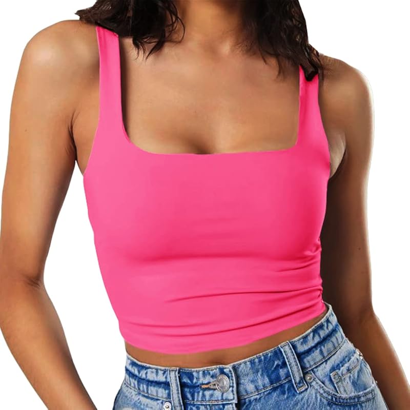 Artfish Women's Sleeveless Strappy Tank Square Neck Double Layer Workout Fitness Casual Basic Crop Tops