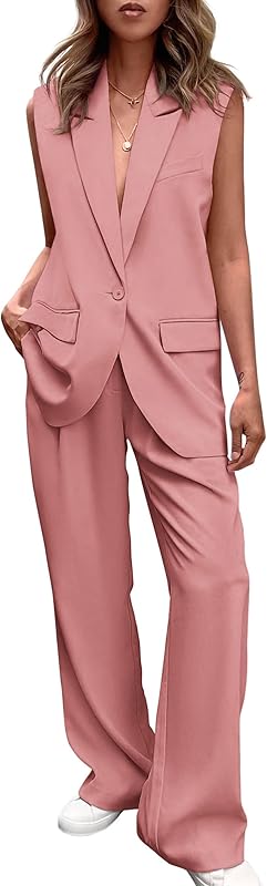 PRETTYGARDEN Women's 2 Piece Outfits Sleeveless Suit Vest and Wide Leg Pants Business Casual Blazer Sets
