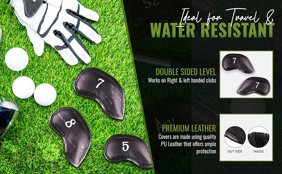 Premium Magnetic Leather Iron and Wedge Golf Club Head Covers | Set of 10 | Fits Most Clubs | Embroidered Club Label on Both Sides of Club Head Cover