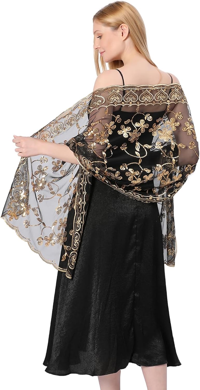Shawls and Wraps for Evening Dresses,Women Formal 1920s Sequin Flower Sheer Shawls and Wraps for Wedding-