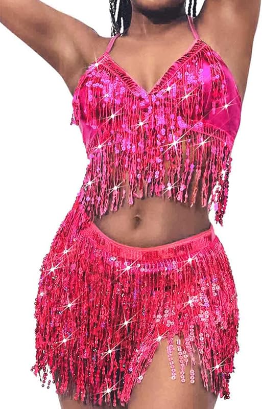 EARENT Fringe Belly Dance Costume Skirt Sequin Skirts Sets for Women