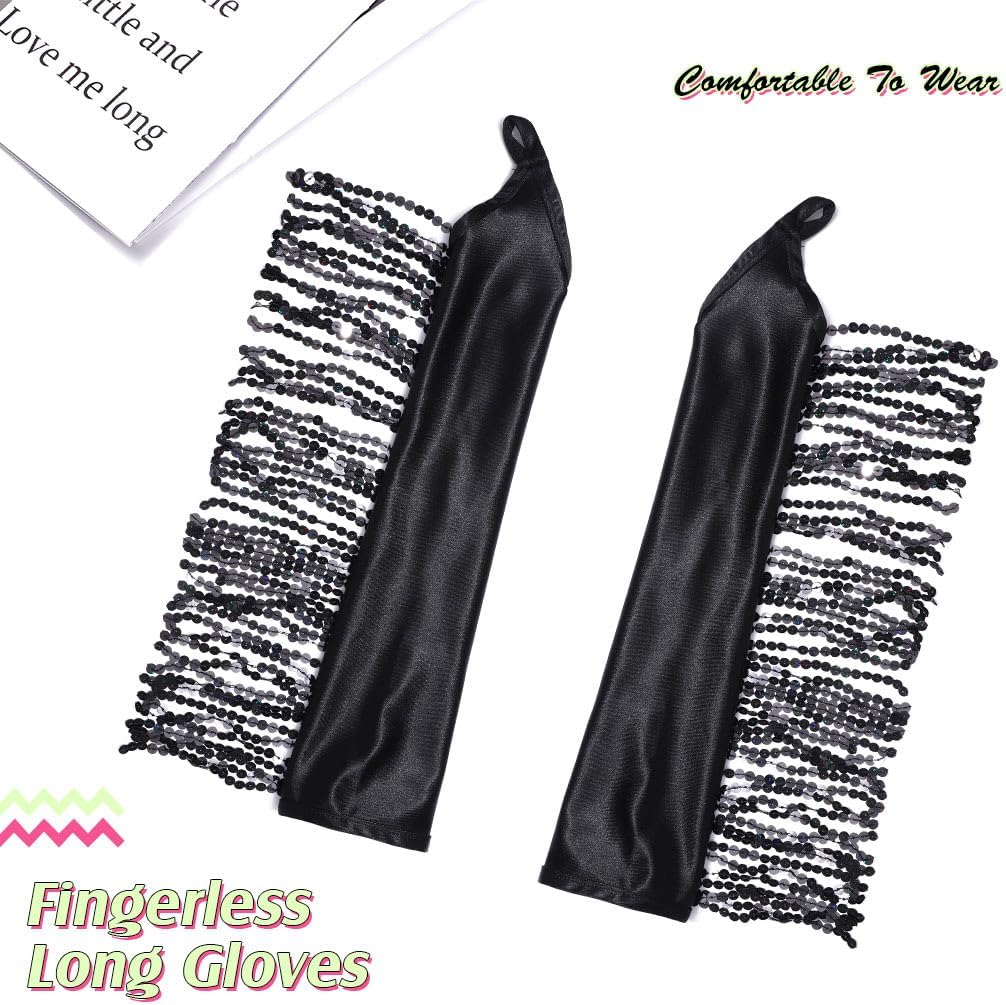 Women 1920s Tassel Glitter Long Gloves Sequin Opera Fingerless Glove Rave Party Satin Arm Sleeves(Black)