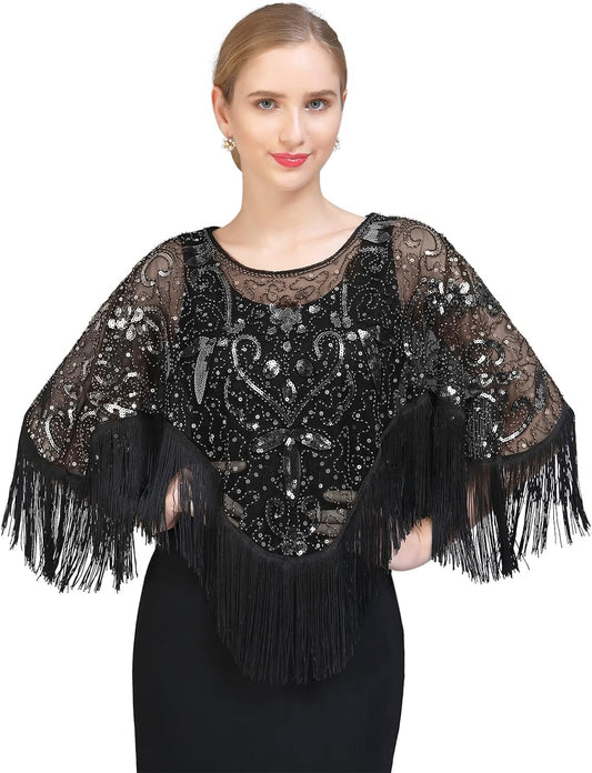 Z&X Women's 1920s Beaded Sequin Shawl Wrap Fringed Evening Party Cape Wedding Bridal Cover Up Scarf