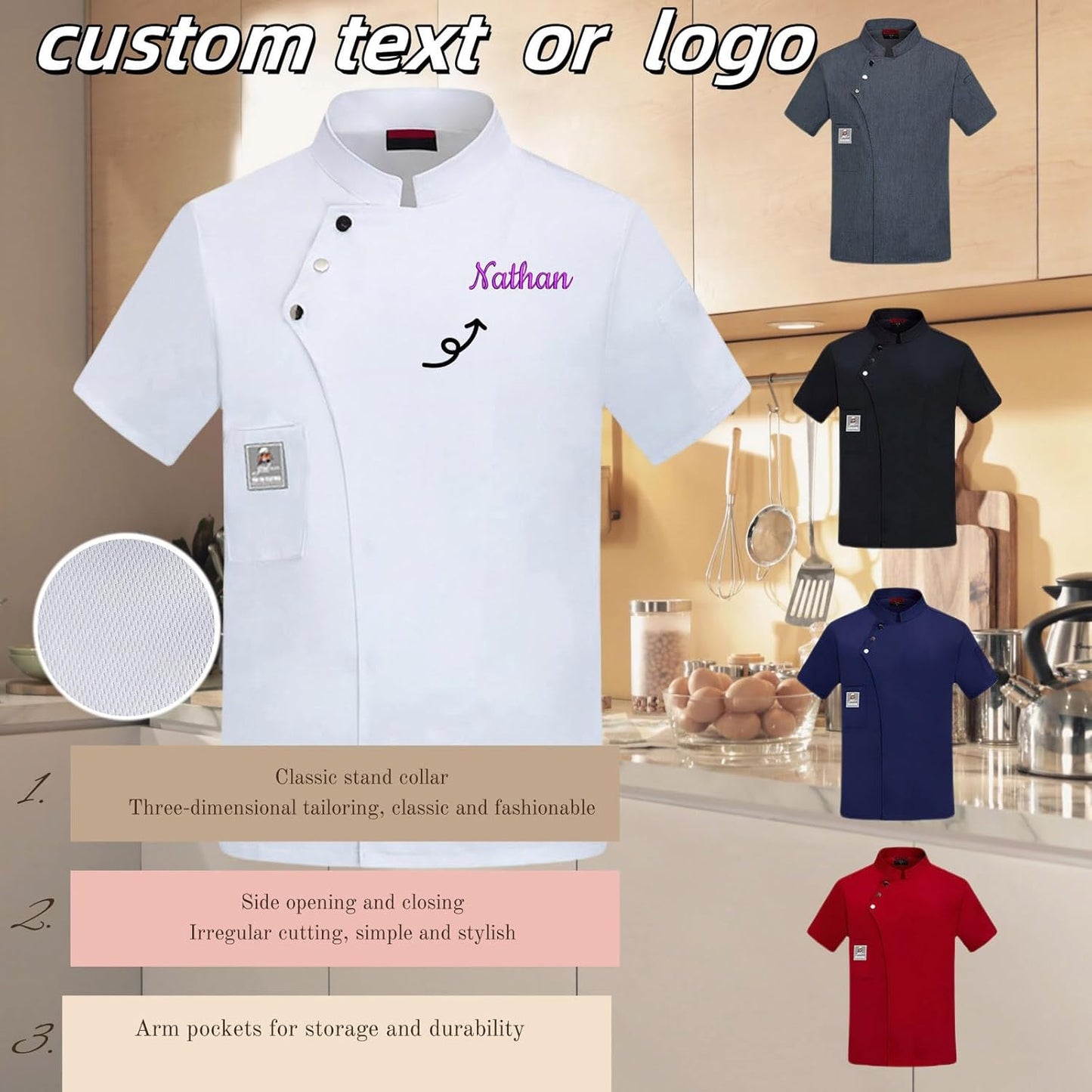 Custom Chef Coat Jacket With Embroidered Name Personalized Men's Short Sleeve Classic Chef Coat With Traditional Buttons