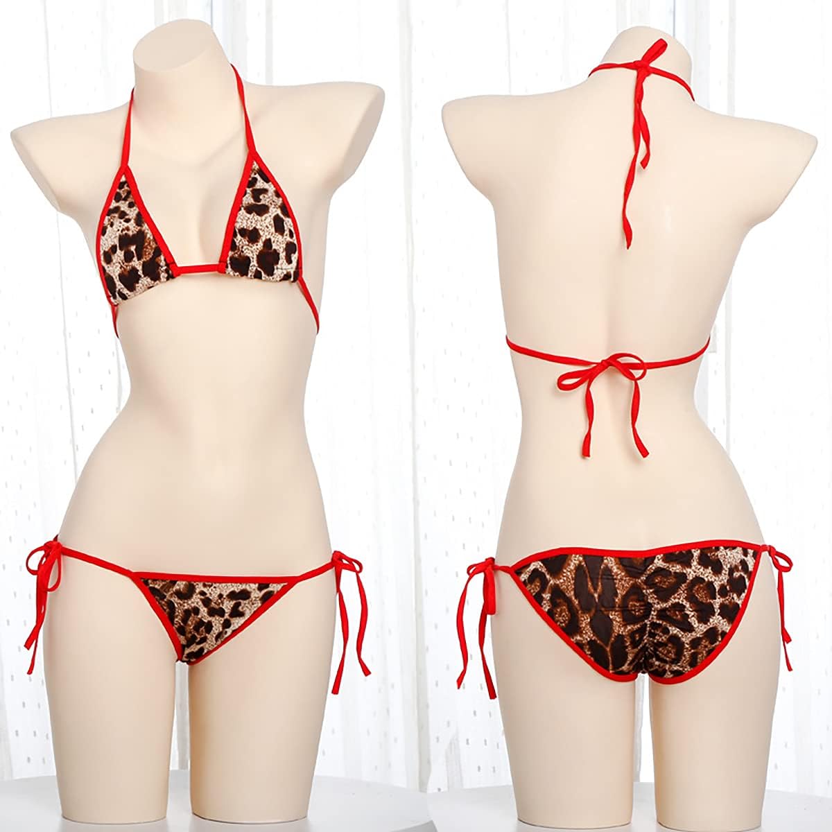 Women's Halter Triangle Bikini Sets Leopard Thong Bottom Brazilian Two Piece Hollow Out Swimsuit Micro Mini Swimwear