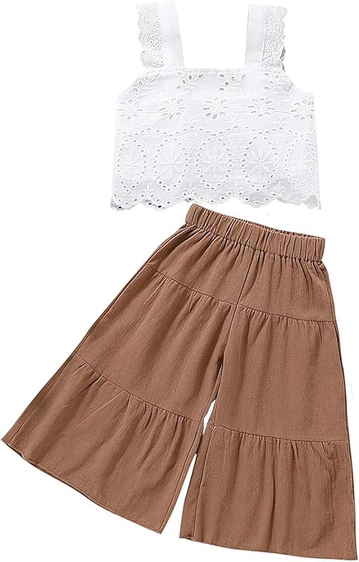 2PCS Baby Girl Sleeveless Strap Lace Crop Vest Tops + Flared Wide-Leg Pants Toddler Summer Outfits Set Clothes
