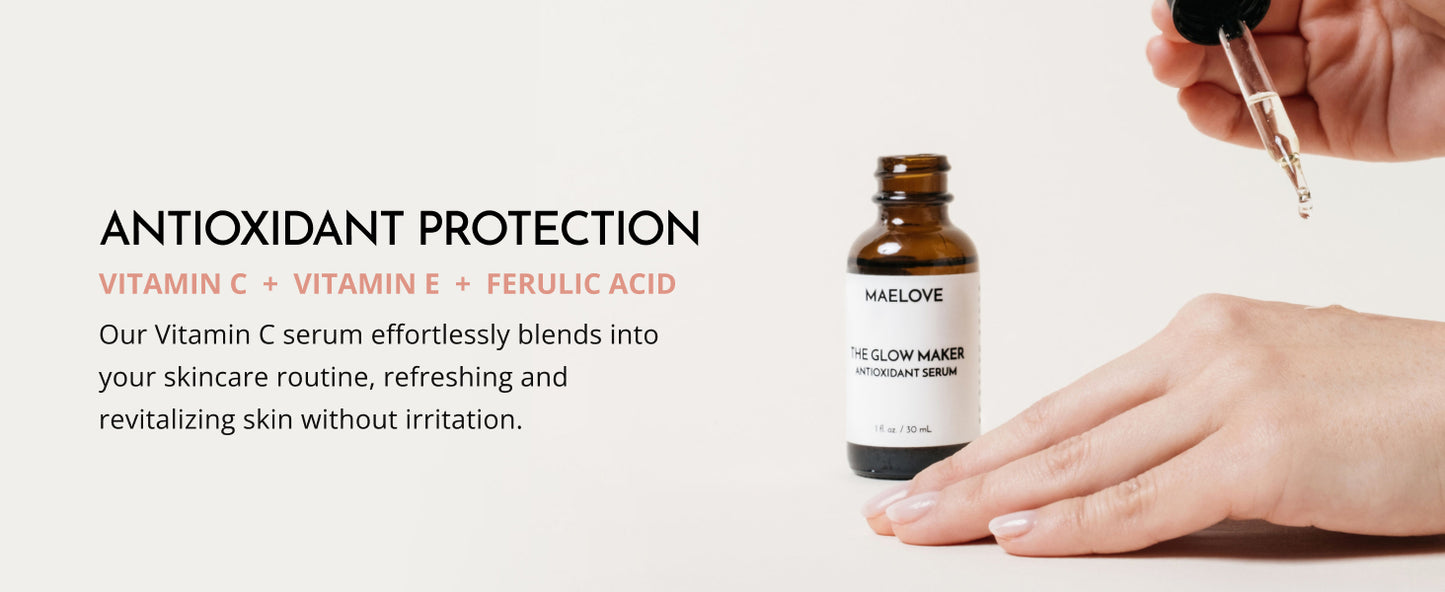 MAELOVE Glow Maker Vitamin C Serum with Vitamin E, Ferulic Acid & Hyaluronic Acid, Award-Winning Brightening and Hydrating Facial Serum, Unscented, 1.0 fl oz