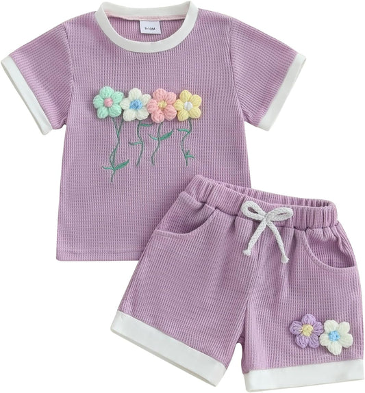 Kayotuas Toddler Baby Girl Summer Clothes 3D Flower Bow Short Sleeve T Shirt Tops Shorts 2Pcs Set Cute Infant Waffle Outfits