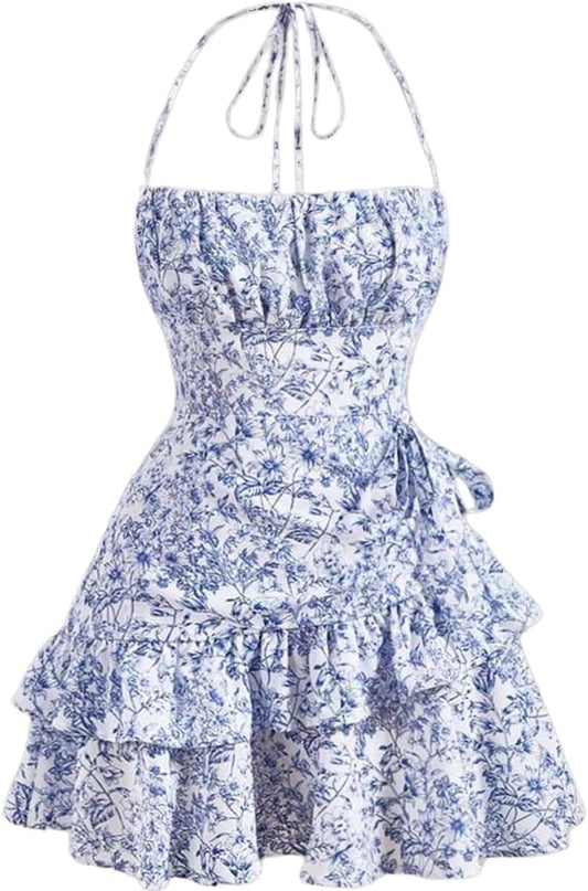 Narecte Summer Dresses for Women,Tie Halter Mini Dress,Floral Print Short Dress,Ruffle Trim Casual Dresses
