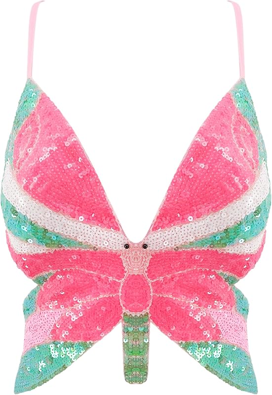 Mocure Womens Glitter Sequin Butterfly Crop Top Low-Cut Tank Top Rave Tube Vest Top for Belly Dance Costume Outfits