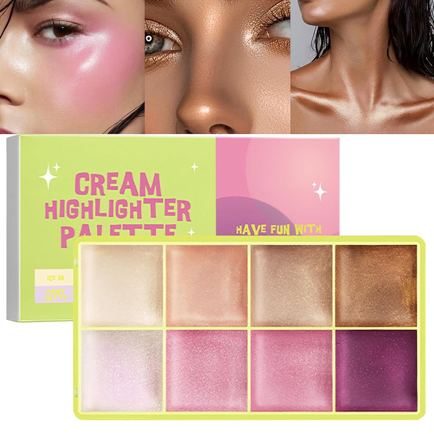 Highlighter Curve Comet Case, 8 Colors Cream Highlighter Shimmer Glow Silver Gold Blossom Glowy Finish Makeup Palette
