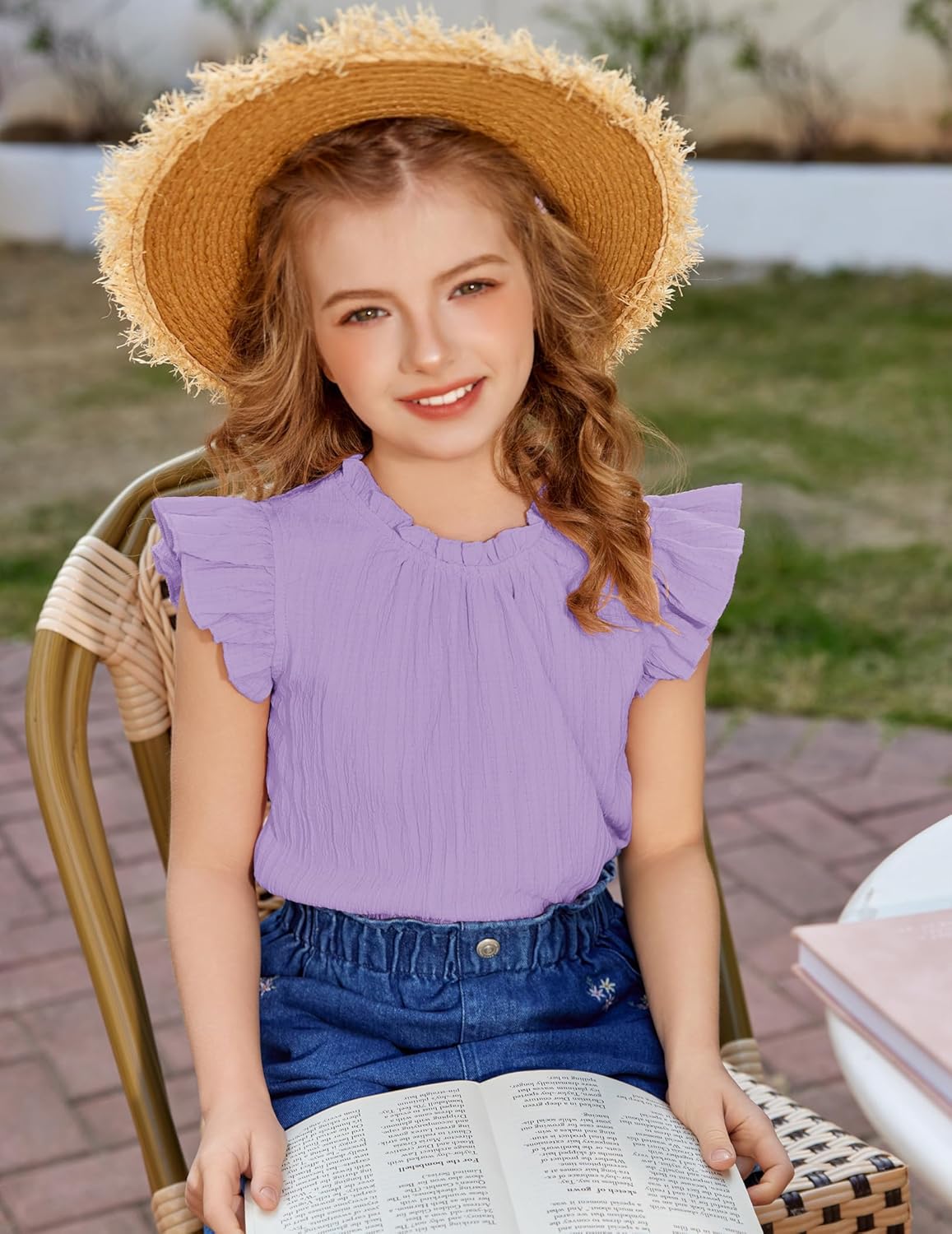 Arshiner Girls Ruffle Short Sleeve Shirts Cute Summer Frill Neck Pleated Textured Blouse Tops