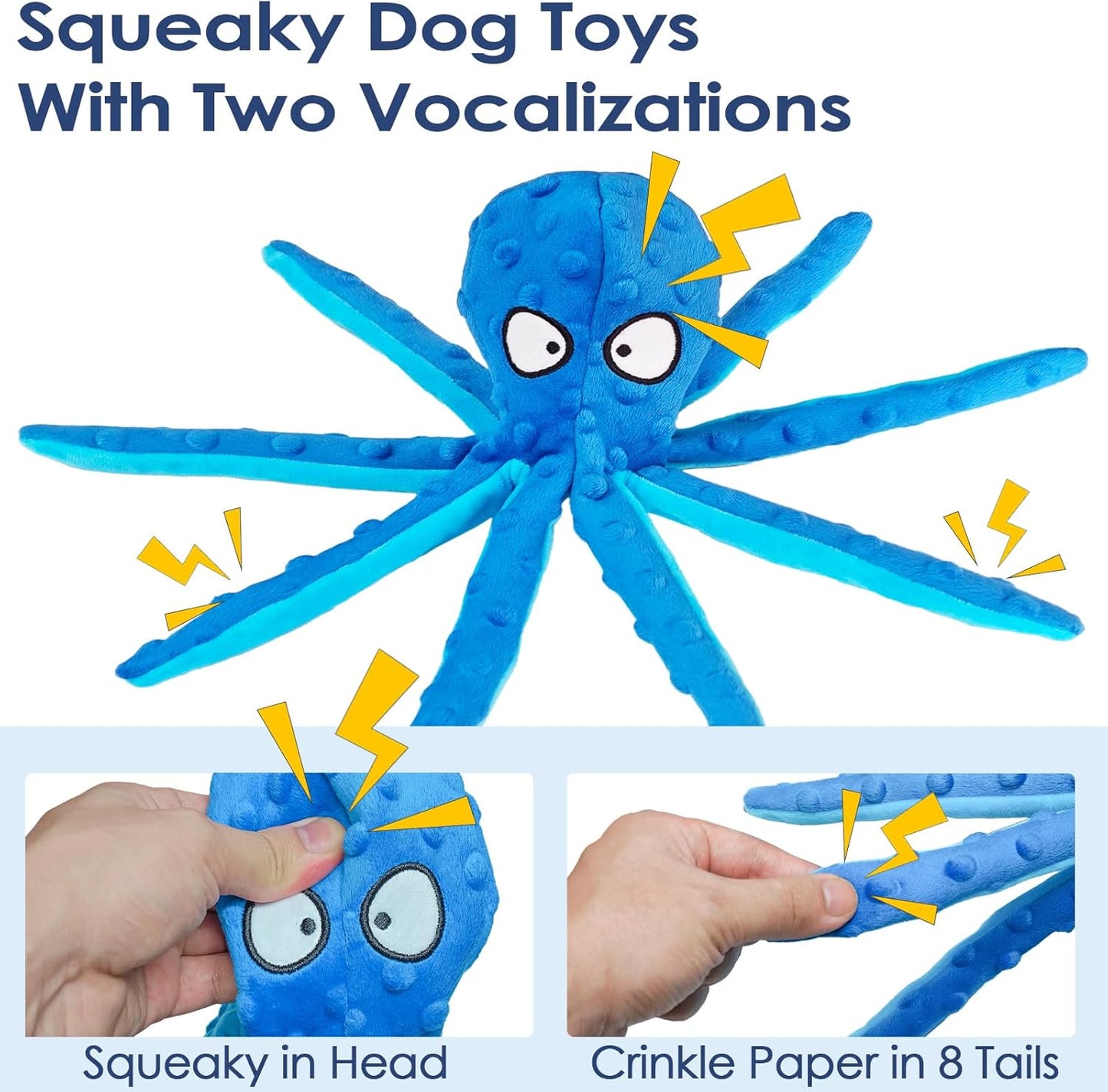 4 Pack Squeaky Dog Toys - Octopus Plush Dog Toys for Aggressive Chewers, No Stuffing, Crinkle, Durable Interactive, 4 Colors