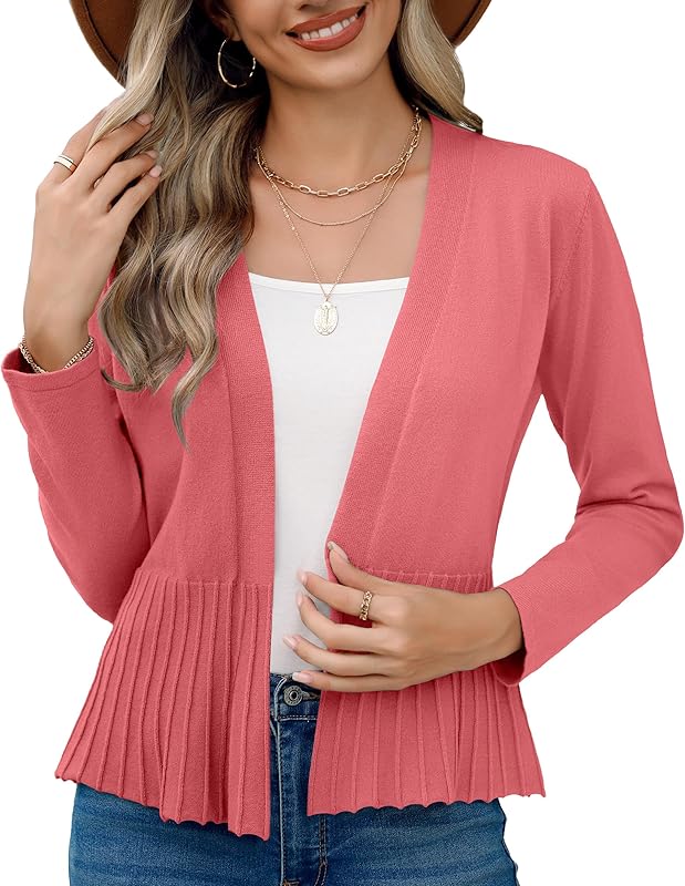 Women's Casual Open Front Lightweight Cropped Cardigans Long Sleeve Sweater Soft Draped Peplum Knit Outwear