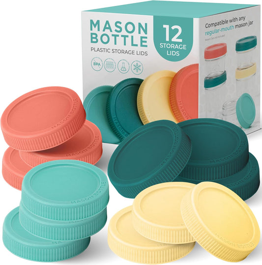 Mason Bottle Plastic Storage Lids (12-Pack) – Fits Regular-Mouth Mason Jars – Silicone Inner Seal, Rust-Proof, BPA-Free, Made in USA (Jar Not Included)