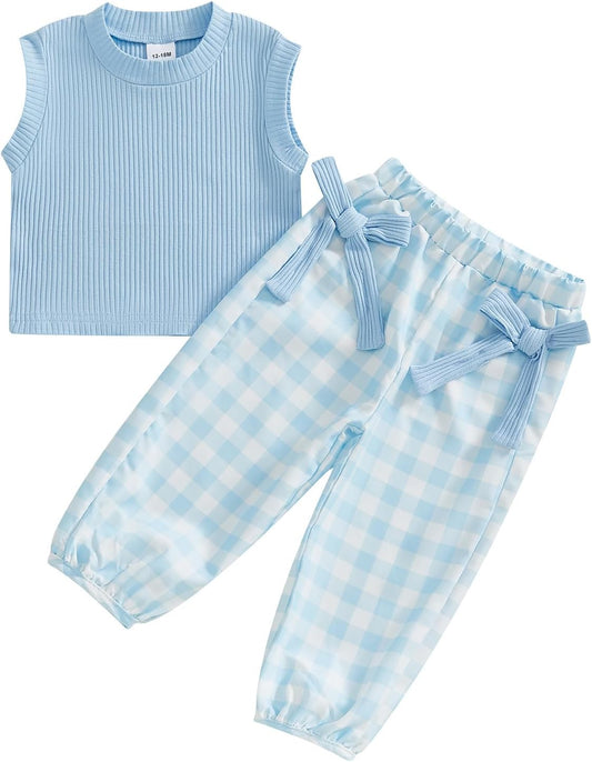 Kaipiclos Toddler Baby Girl Clothes Ribbed Knit Sleeveless Tank Top & Bow Plaid Pants 2 Piece Spring Summer Outfit Set 12M-5T
