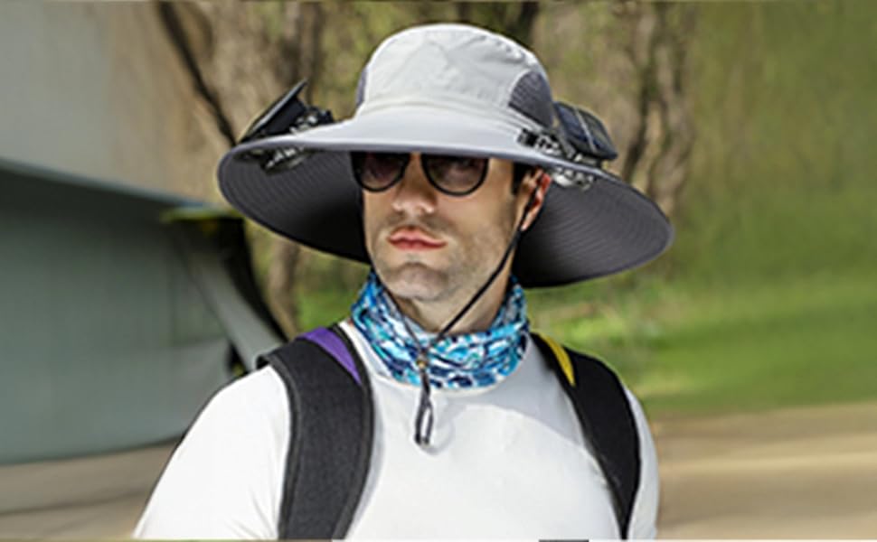 Outdoor Wide Brim Sun Hat with 2 Solar Fan - 2025 Sun Bucket Hat for Men Women, UPF 50+ Bucket Fishing Beach Hat Fan Built in