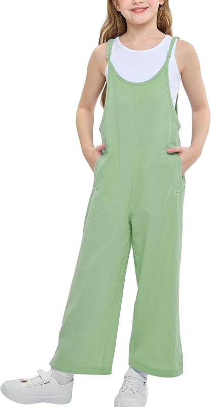 Rolanko Girls Jumpsuit Adjustable Spaghetti Strap Loose Overalls Rompers, Cotton Baggy Plain Playsuits with Pockets for Age 5-12 Years