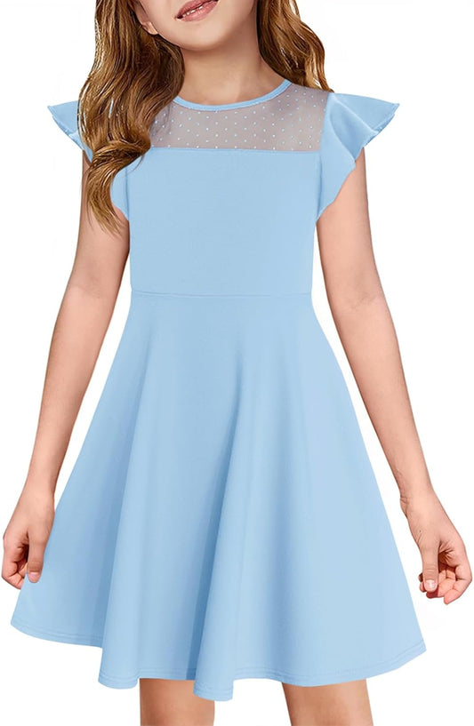 Haloumoning Girls Dress Summer Ruffle Sleeve Mesh A Line Casual Party Dresses with Pockets for Kids 4-14 Years
