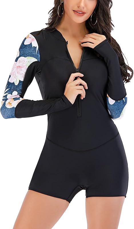 ECUPPER Women Long Sleeve One Piece Swimsuit Boyleg Zipper Rash Guard Bathing Suit Coverage Surfing Swimwear Built in Bra