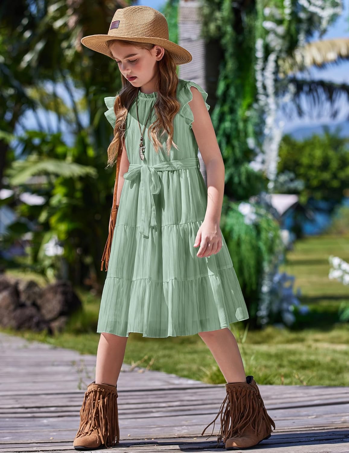 Arshiner Tween Girls Summer Dress Formal Ruffle Sleeve A Line Casual Elegant Dresses with Belt