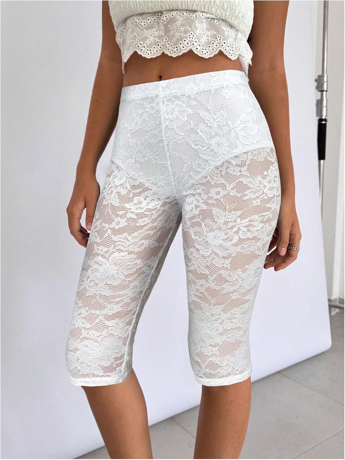 Women's Lace See Through Capri Pants Elastic High Waisted Skinny Leggings Cropped Trousers