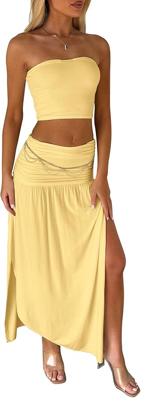Two Piece Skirt Set for Women - 2 PC Summer Beach Vacation Outfits Going Out Strapless Tube Crop Tops Boho Maxi Skirts Sets