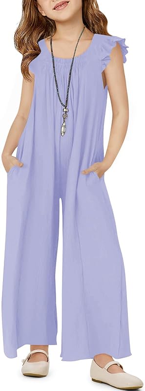Haloumoning Girls Wide Leg Loose Jumpsuit Kids Casual Ruffle Sleeve Round Neck Romper with Pockets 5-14 Years