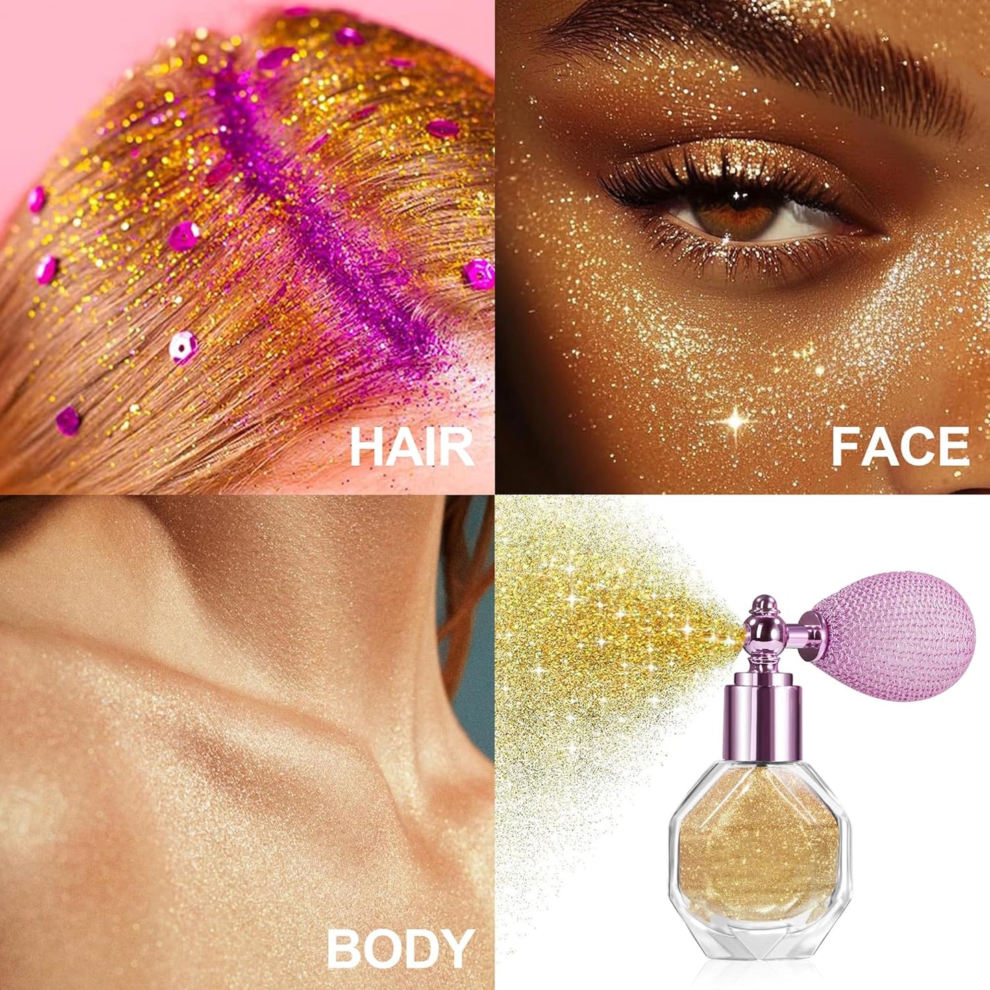 Shimmering Highlighter Powder Spray, Sparkle Powder High Gloss Spray for Face Body & Hair, Long-lasting Glitter Waterproof Face Highlighter Spray for Women Party or Daily Wear, #02