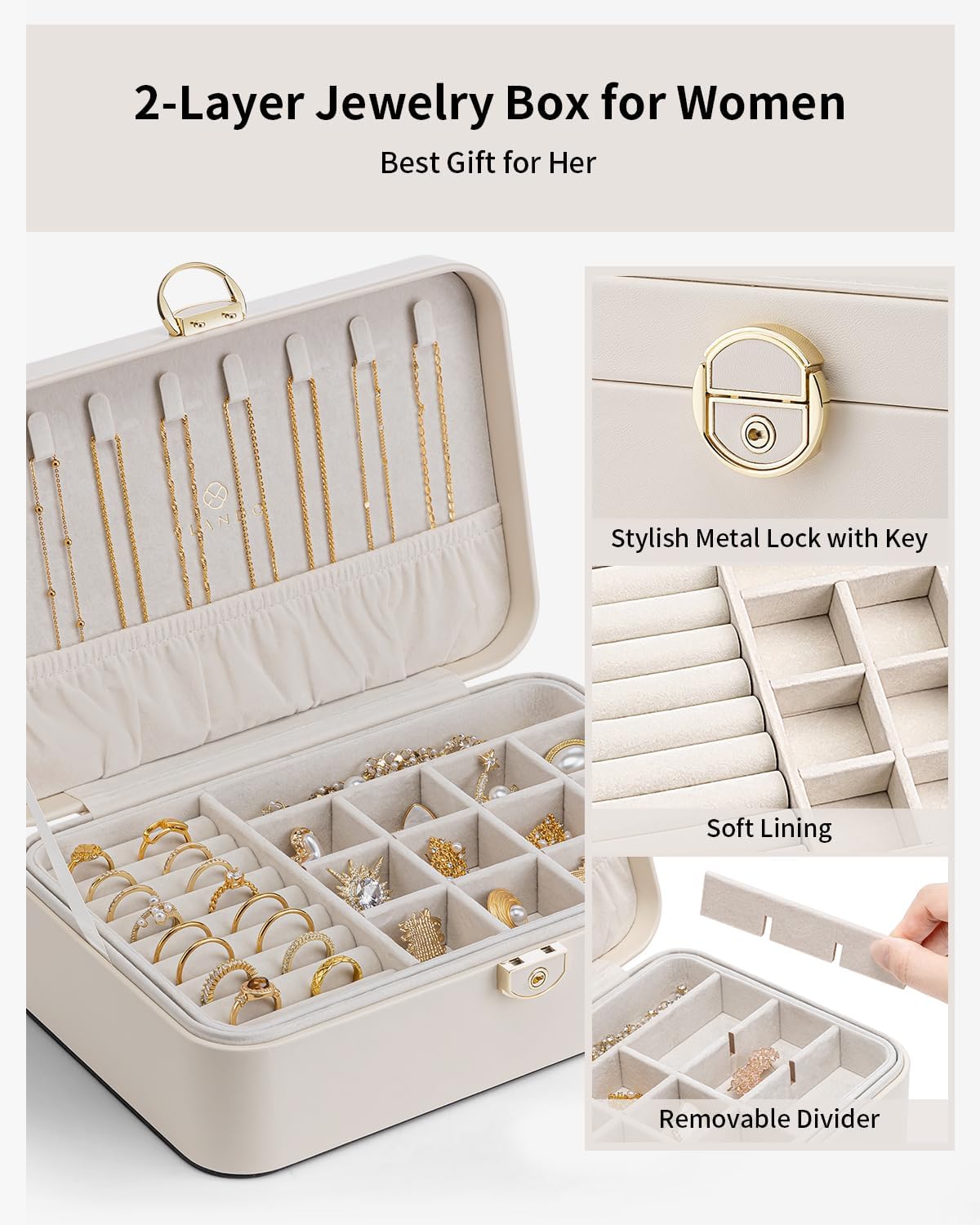 Vlando Jewelry Box Organizer for Women Girls, 2 Layer Jewelry Case with Lock,Jewelry Storage Earrings Necklace,Rings,Gift for Teachers Wedding Birthday Gifts-Cream White