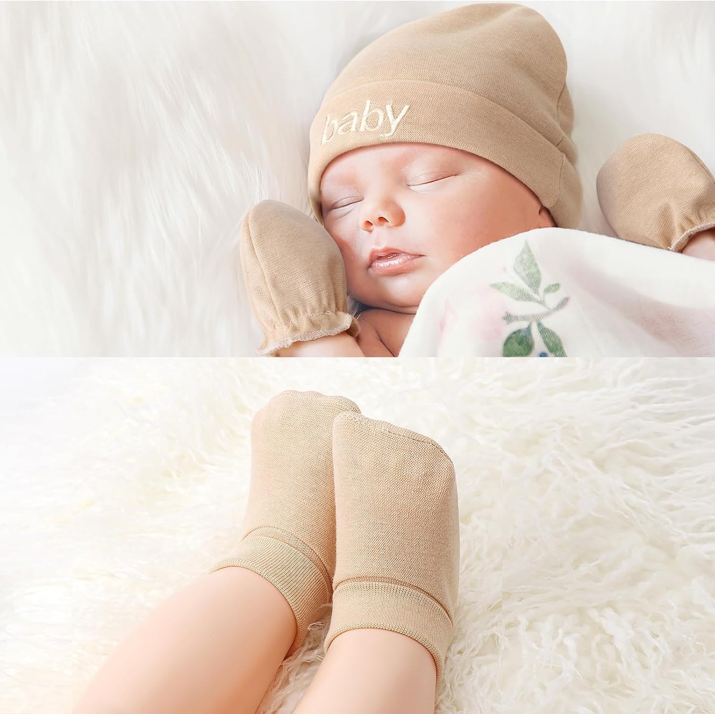 Newborn Baby Hats Mittens and Socks Set Cotton Infant Beanie Cap Socks Mittens for Newborn Baby Boy Girl 0-6 Month