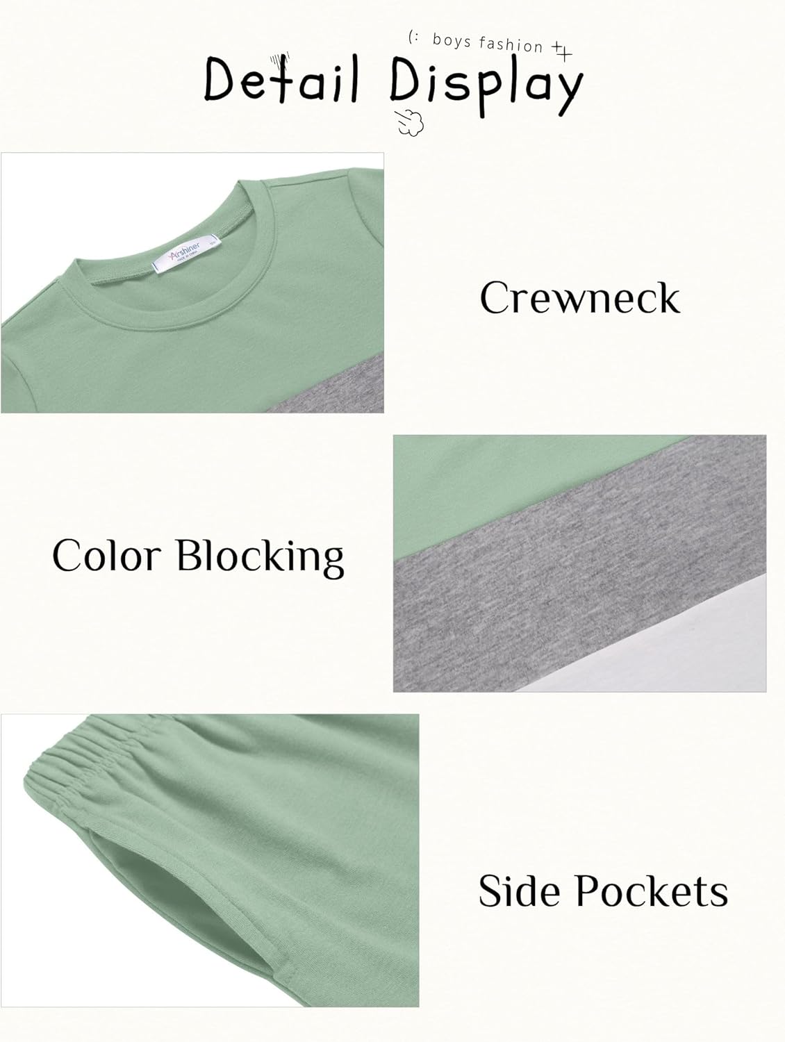 Arshiner Boys' 2-Piece Cotton Outfit Color Block T-Shirt and Shorts Set Casual Summer Clothes for Kids 6-14 Years