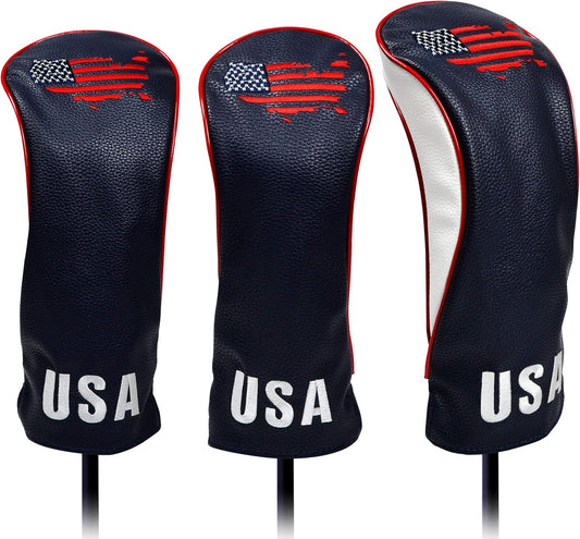 USA Golf Head Covers for Driver & Fairway Woods - Premium Leather Headcovers, Designed to Fit All Woods and Drivers