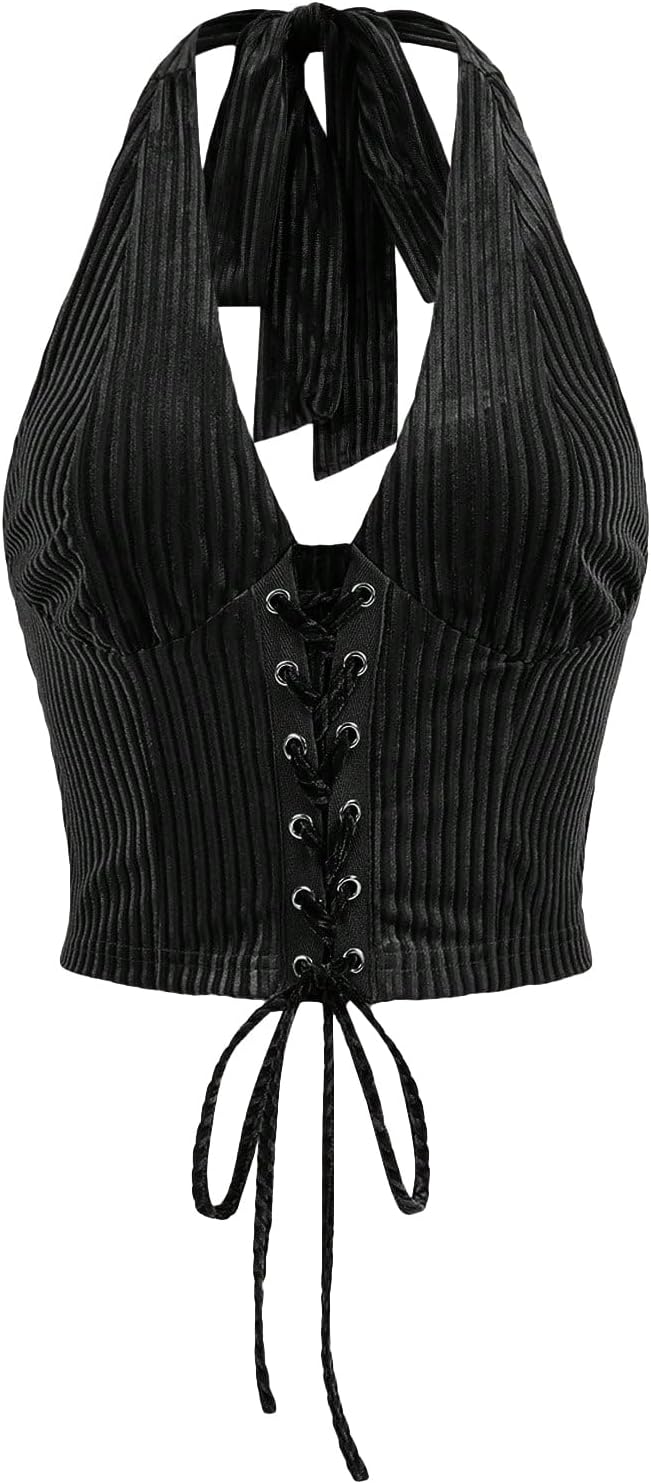 Verdusa Women's Going Out Halter Corset Tops Sleeveless Lace Up Open Back Crop Top