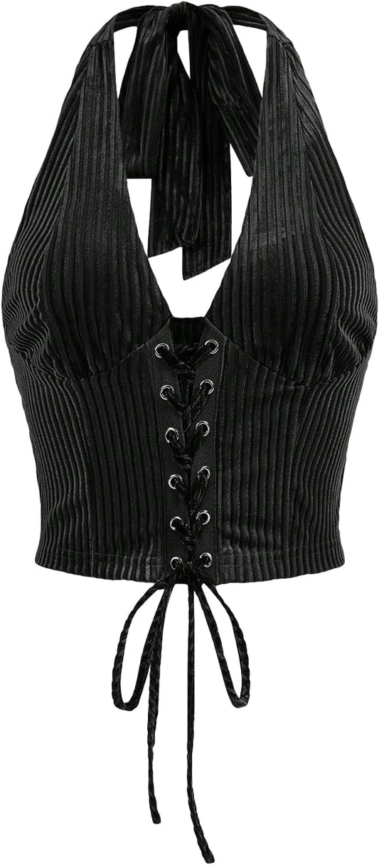 Verdusa Women's Going Out Halter Corset Tops Sleeveless Lace Up Open Back Crop Top