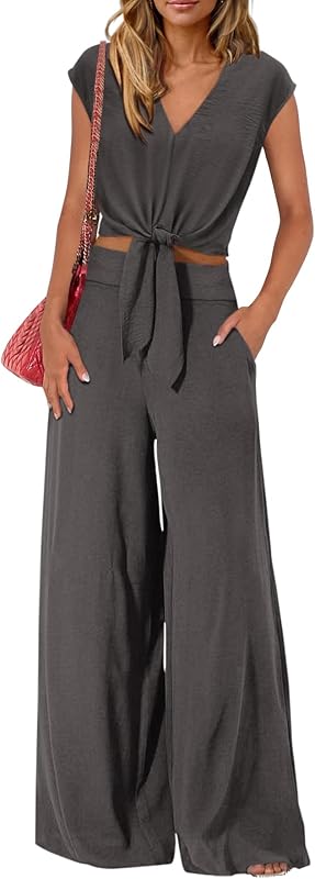 PRETTYGARDEN Women's Summer 2 Piece Outfits 2025 Cap Sleeve V Neck Belted Crop Tops Wide Leg Pant Sets Casual Tracksuit