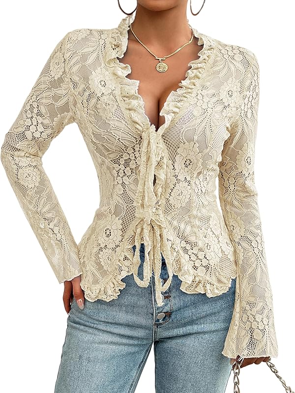 Lace Tops for Women Long Sleeve See Through Sexy Sheer Mesh Crop Top Shirt Open Front Tie Blouse Ruffle for Women