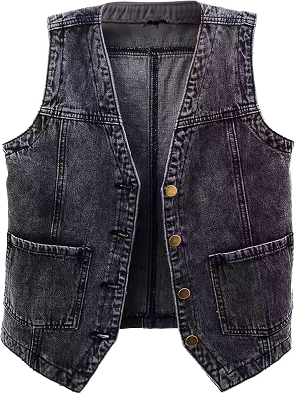Womens Sleeveless Denim Vest V Neck Button Down Jean Waistcoat Y2K Casual Trendy Loose Fit Lightweight Jackets with Pockets