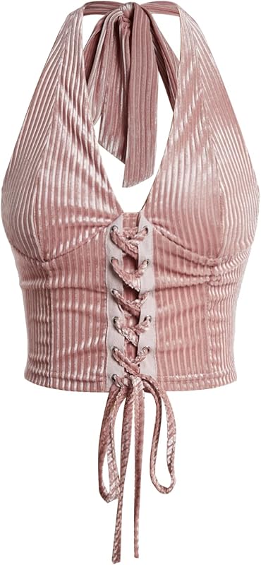 Verdusa Women's Going Out Halter Corset Tops Sleeveless Lace Up Open Back Crop Top