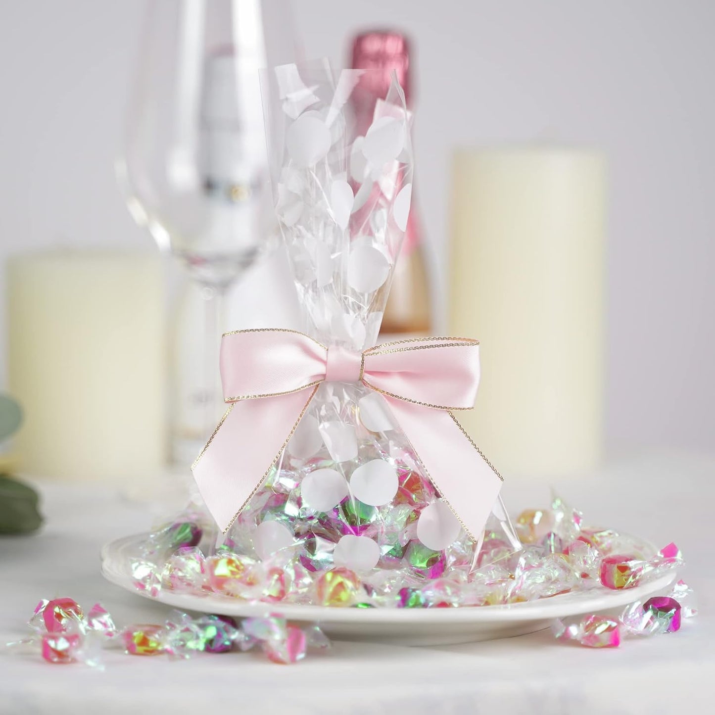 AIMUDI Pink Bows 3.5" Premade Satin Ribbon Bows with Gold Edge Pre-Tied Twist Tie Bows for Gift Wrapping Crafts Treat Bags Baby Shower Wedding Party Decorations, 50 Counts