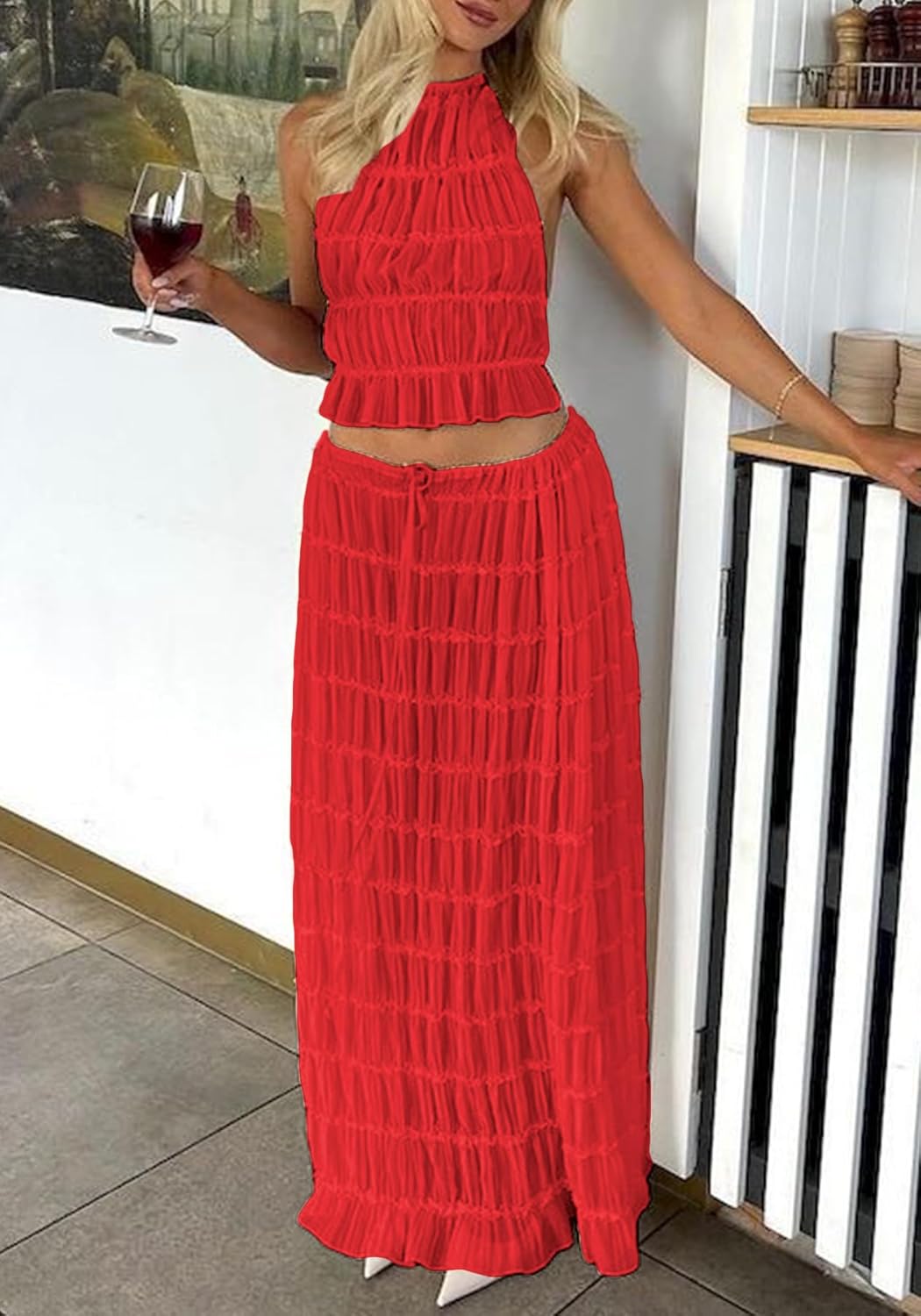 Unybwonn Maxi Skirt Set Summer Two Piece Outfits Backless Backless Halter Top Pleated Flowy Long Skirts Y2k Beach Set
