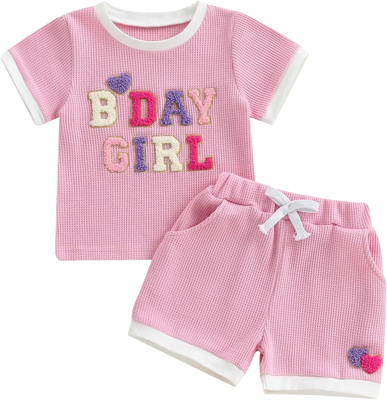 Kayotuas Toddler Baby Girl Summer Clothes 3D Flower Bow Short Sleeve T Shirt Tops Shorts 2Pcs Set Cute Infant Waffle Outfits